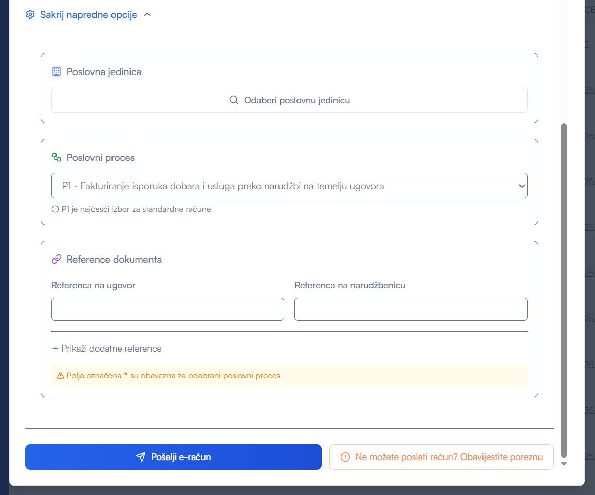 Pošalji e-račun - napredne opcije