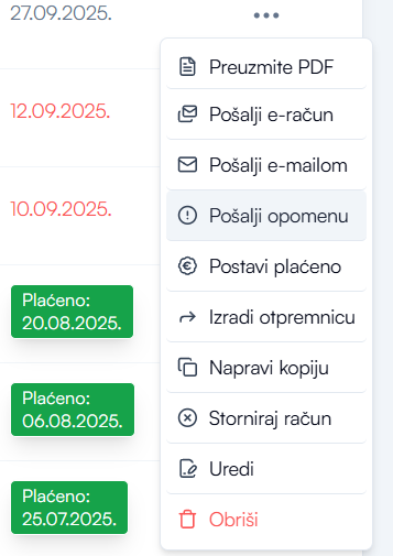 Pošalji opomenu u izborniku