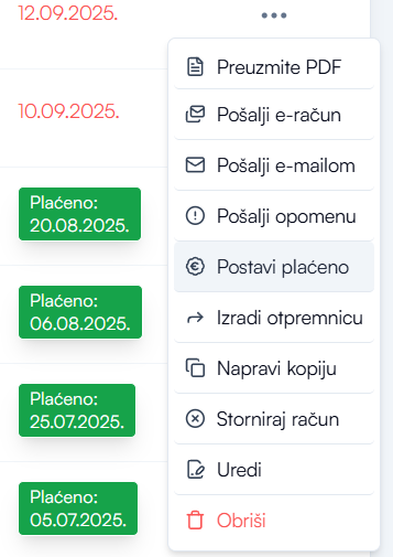 Postavi račun kao plaćen u izborniku