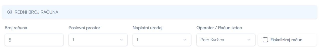 Redni broj računa, poslovni prostor, naplatni uređaj i operator