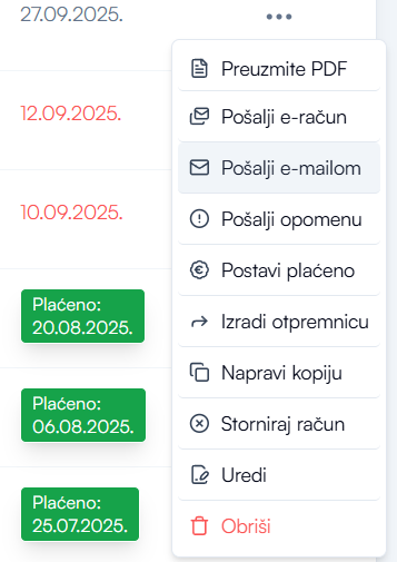 Pošalji račun emailom u izborniku